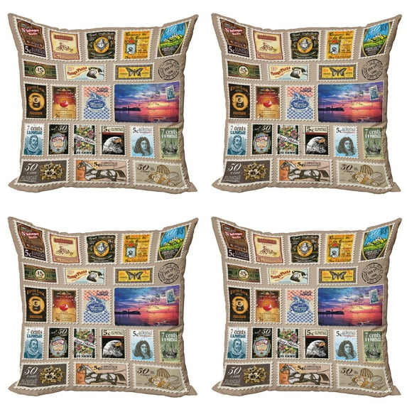 Ambesonne Vintage Throw Pillow Cover 4 Pack, Traveler Tourist Stamps, 24", Brown Yellow