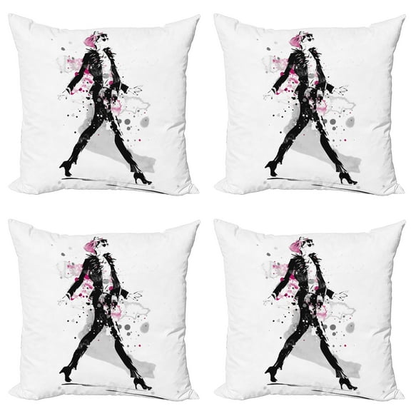 Ambesonne Vintage Throw Pillow Cover 4 Pack, Woman Catwalk, 16", Black and Pink