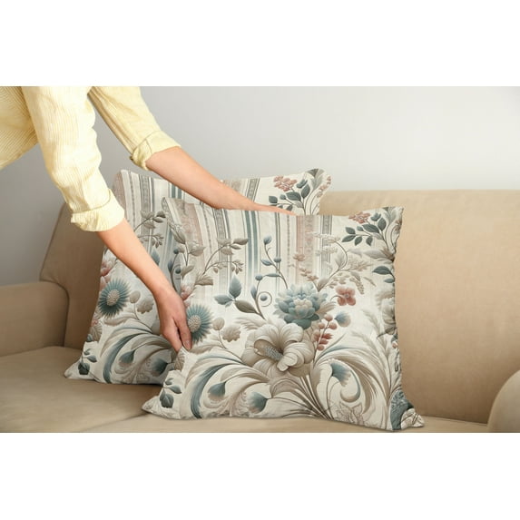 Ambesonne Vintage Throw Pillow Cover Pack of 2, Soft Color Floral Nostalgia, 2 Pcs-16"x16", Eggshell Pale Slate Blue