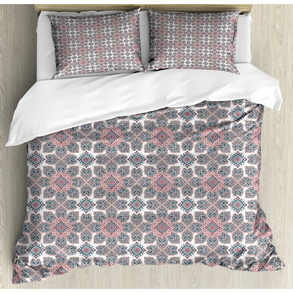 Ambesonne Vintage Tribal Duvet Cover Sets, Oriental Motif, 2-Queen, Rose Mauve Taupe