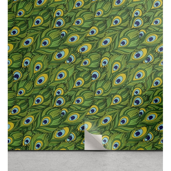Ambesonne Vintage Tribal Peel & Stick Wallpaper for Home, Peacock Feather Art, 13"x100", Fern Green Earth Yellow