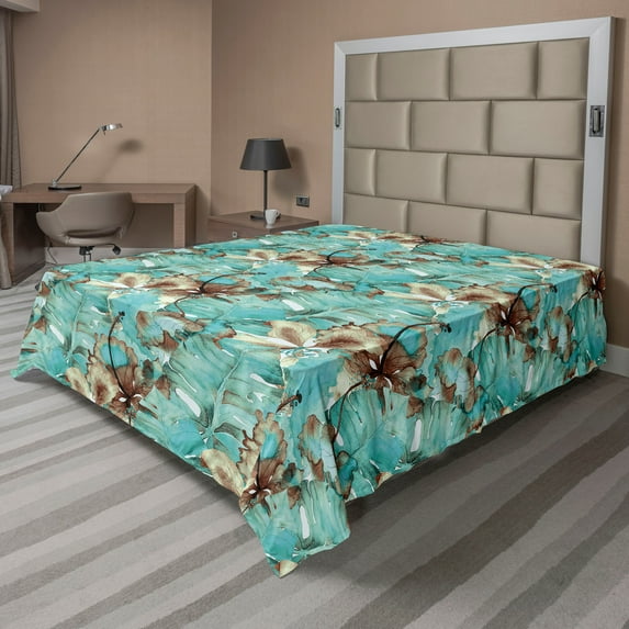 Ambesonne Vintage Tropical Flat Bedding Sheet Soft Top Sheet, Exotic Petals Art, California King, Turquoise Pastel Brown