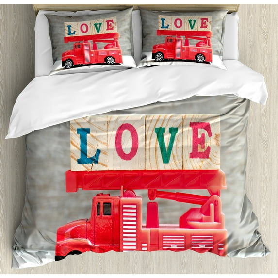 Ambesonne Vintage Trucks Duvet Cover Set, Love Lettering Photo, 2-Calking, Dark Coral and Multicolor