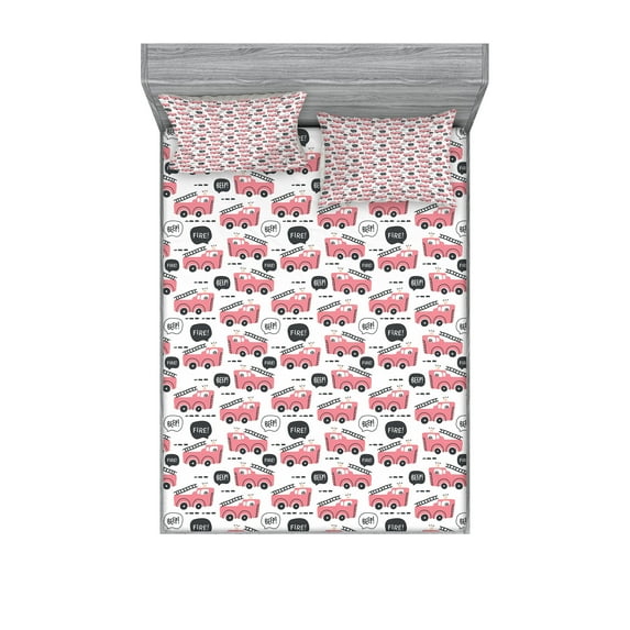Ambesonne Vintage Trucks Fitted Sheet & Pillow Sham Set, Vehicle Art, Calking, Pastel Pink Dark Grey