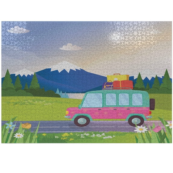 Ambesonne Vintage Trucks Jigsaw Puzzle Durable Cardboard, Camper Van on Road, 1000 pcs, Multicolor