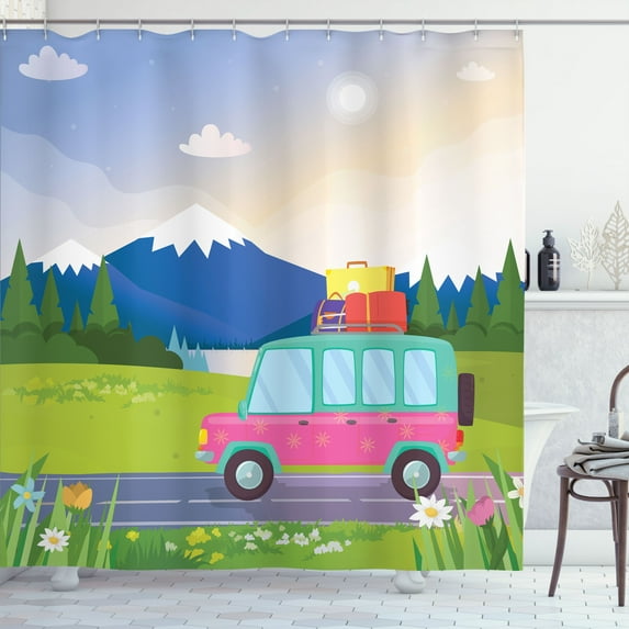 Ambesonne Vintage Trucks Shower Curtain, Camper Van on Road, 69"Wx75"L, Multicolor
