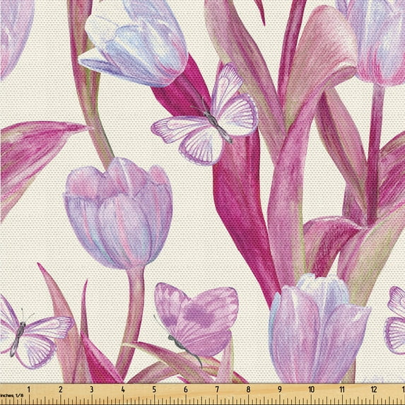 Ambesonne Vintage Tulips Fabric by the Yard, Retro Boho Flowers, 1 Yard, Magenta Pale Lilac Cream