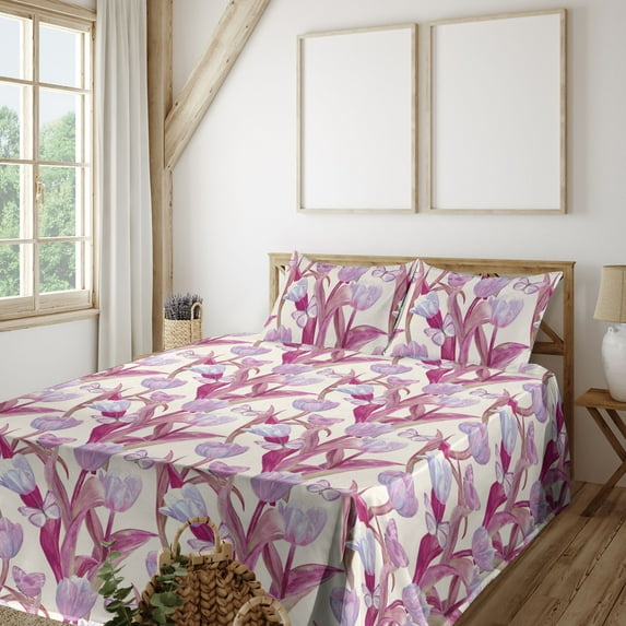 Ambesonne Vintage Tulips Fitted & Flat Sheet with Sham 3 Pcs Set, Retro Boho Flowers, Twin, Magenta Pale Lilac Cream