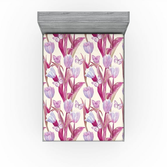 Ambesonne Vintage Tulips Fitted Sheet, Retro Boho Flowers, California King, Magenta Pale Lilac Cream