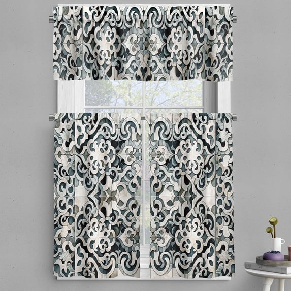 Ambesonne Vintage Valance & Curtain 3 Pcs Set, Renaissance Lattice Swirls, 55"x36", Dark Blue Grey and Dimgray