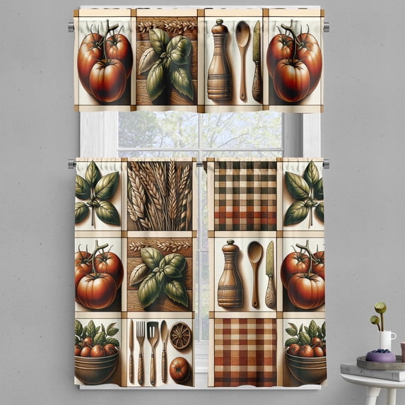 Ambesonne Vintage Valance & Curtain 3 Pcs Set, Tomato Checkered Food Art, 55"x36", Paprika Rust and Green