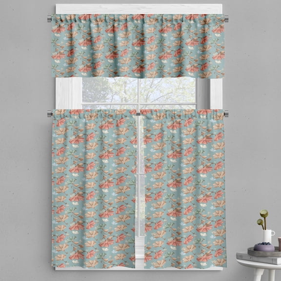 Ambesonne Vintage Valance & Curtain, Butterfly Retro Flowers Art, 55"x30", Pale Teal Umber and Salmon