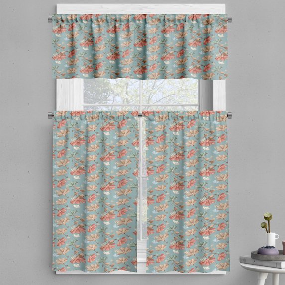 Ambesonne Vintage Valance & Curtain, Butterfly Retro Flowers Art, 55"x36", Pale Teal Umber and Salmon