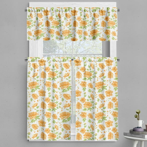 Ambesonne Vintage Valance & Curtain, Floral Peony Bouquets, 55"x36", Pale Orange Green White