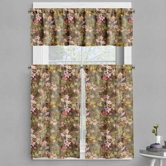 Ambesonne Vintage Valance & Curtain, Grunge Floral Ornament Rose, 55"x24", Caramel Coral and Mustard
