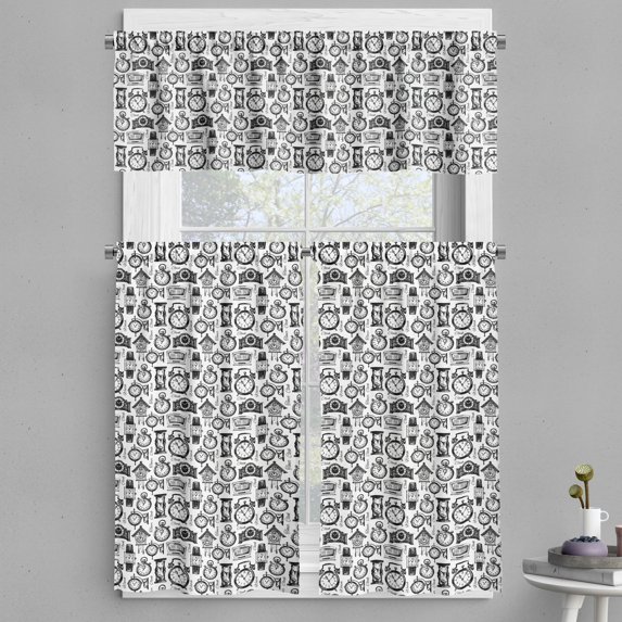 Ambesonne Vintage Valance & Curtain, Hand Drawn Clocks, 55"x24", Black and White