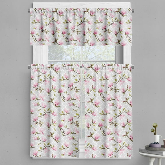 Ambesonne Vintage Valance & Curtain, Magnolia Flower Pattern, 55"x24", Pale Pink Pale Grey