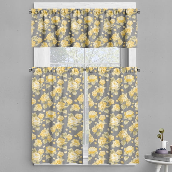 Ambesonne Vintage Valance & Curtain, Old Hydrangea Flowers, 55"x36", Yellow Grey Green