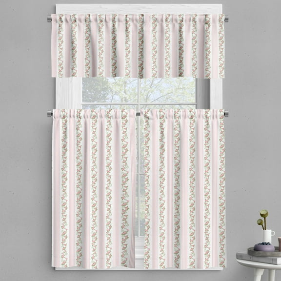 Ambesonne Vintage Valance & Curtain, Pastel Flora and Stripes, 55"x24", Pale Pink White