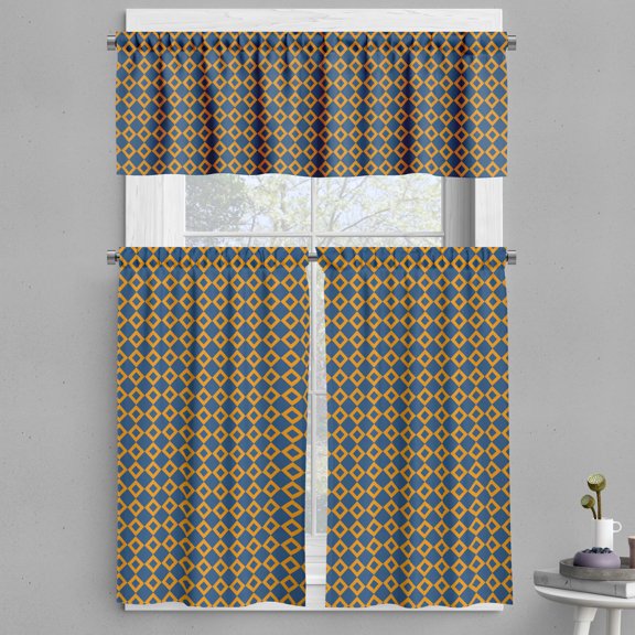 Ambesonne Vintage Valance & Curtain, Squares Chain Mesh Tile, 55"x30", Dark Blue Orange