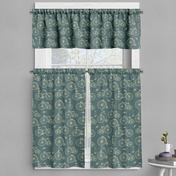 Ambesonne Vintage Valance & Curtain, Various Kind Bicycles Image, 55"x30", Pale Khaki and Grey Teal