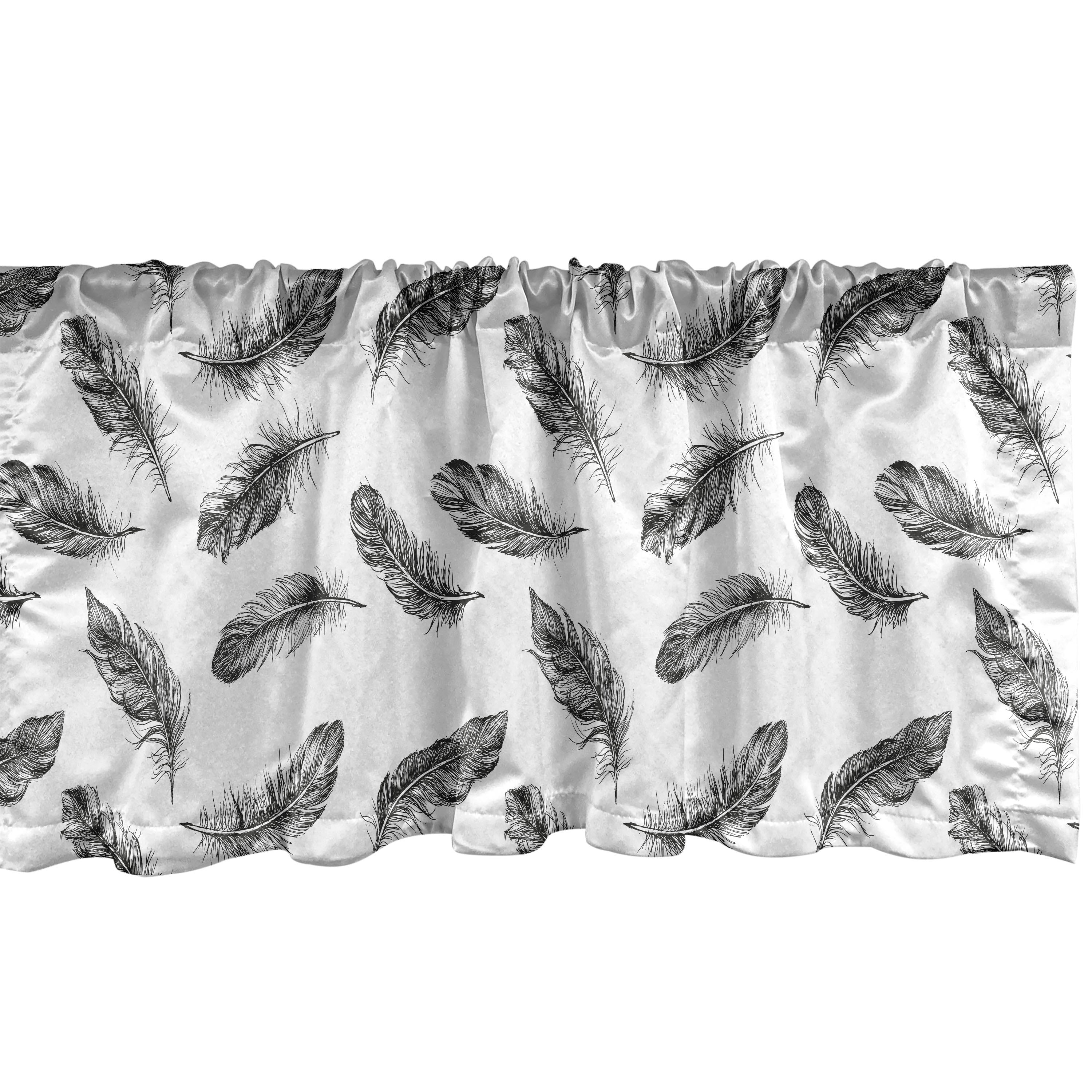 Charcoal Grey and White Feather Print Rod Pocket Valance Set