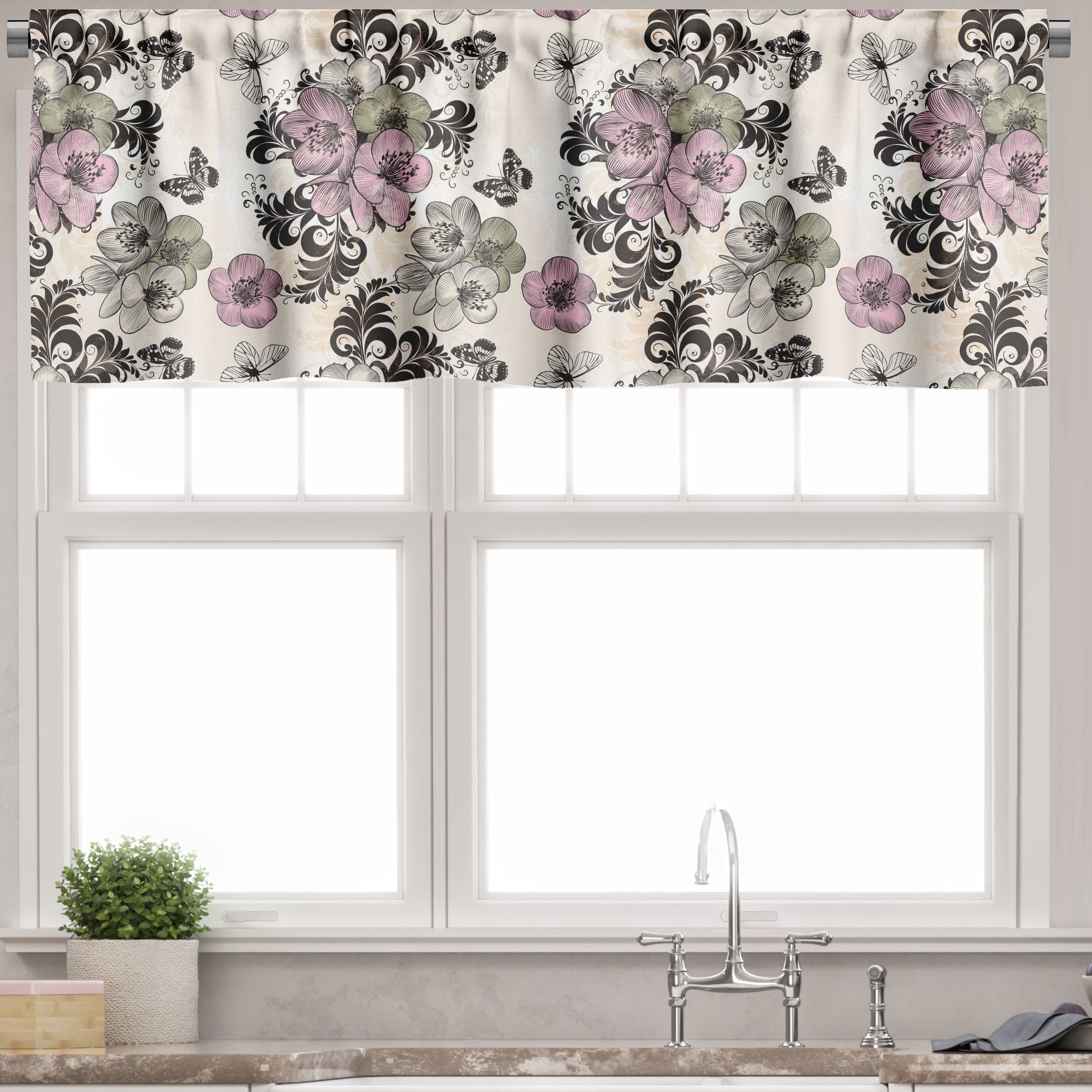 Beige Multicolor Floral Satin Rod Pocket Valance, 54" x 18"