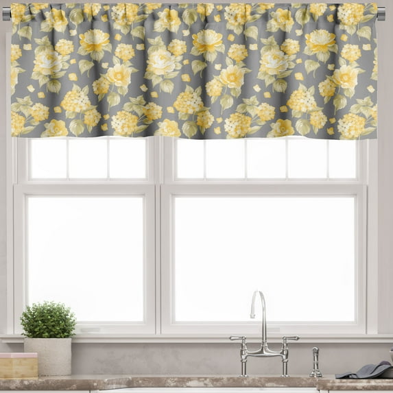 Ambesonne Vintage Valance Pack of 2, Old Hydrangea Flowers, 54"X12", Yellow Grey Green