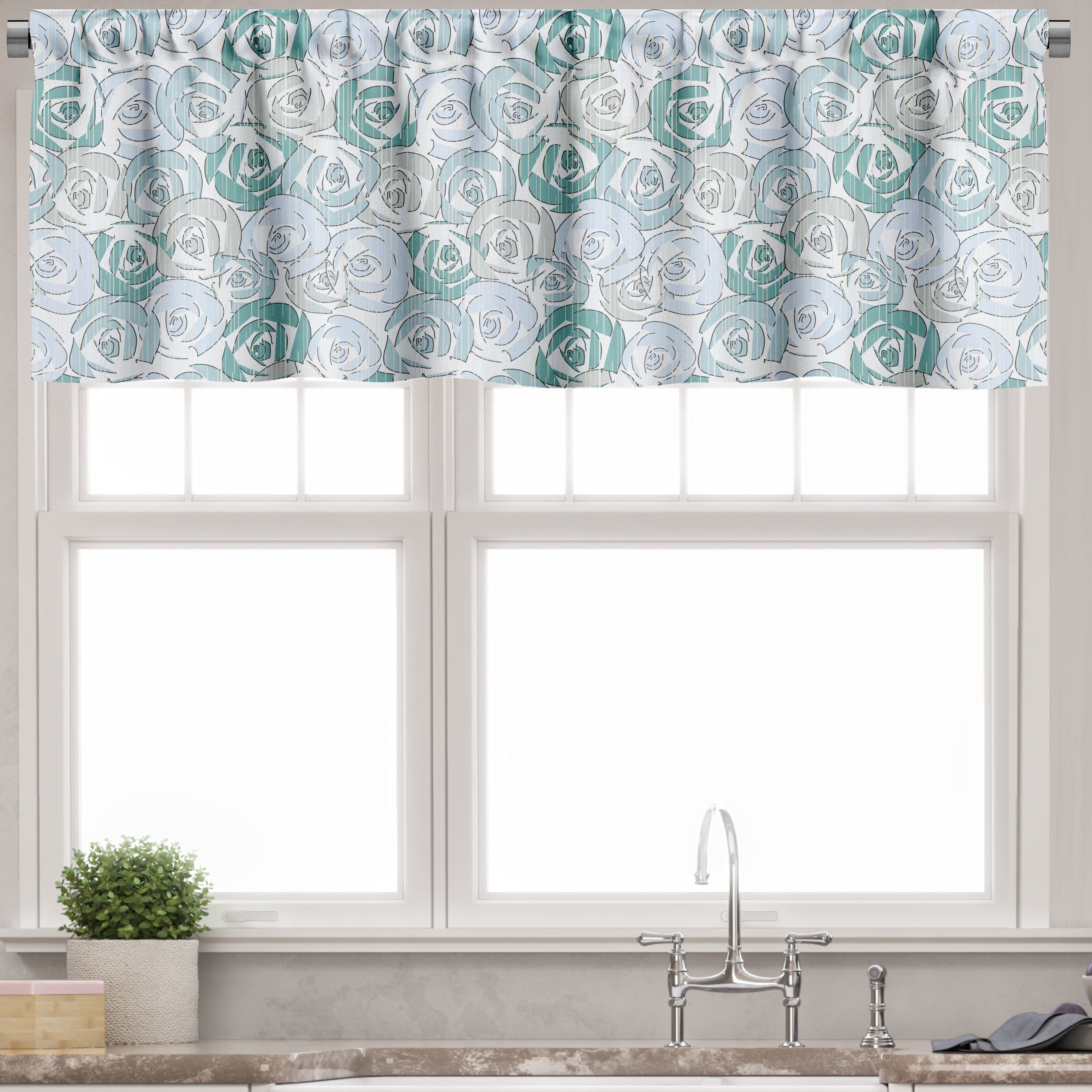Pale Blue and Teal Floral Satin Rod Pocket Valance