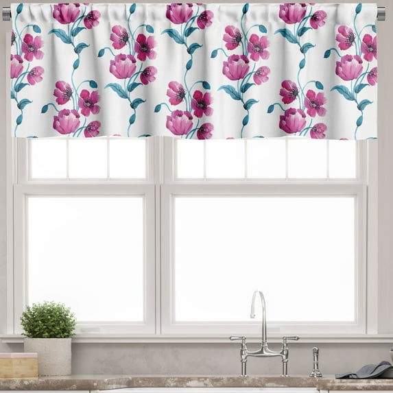 Ambesonne Vintage Valance Pack of 2, Poppies Leaves Buds, 54"X12", Fuchsia and Petrol Blue