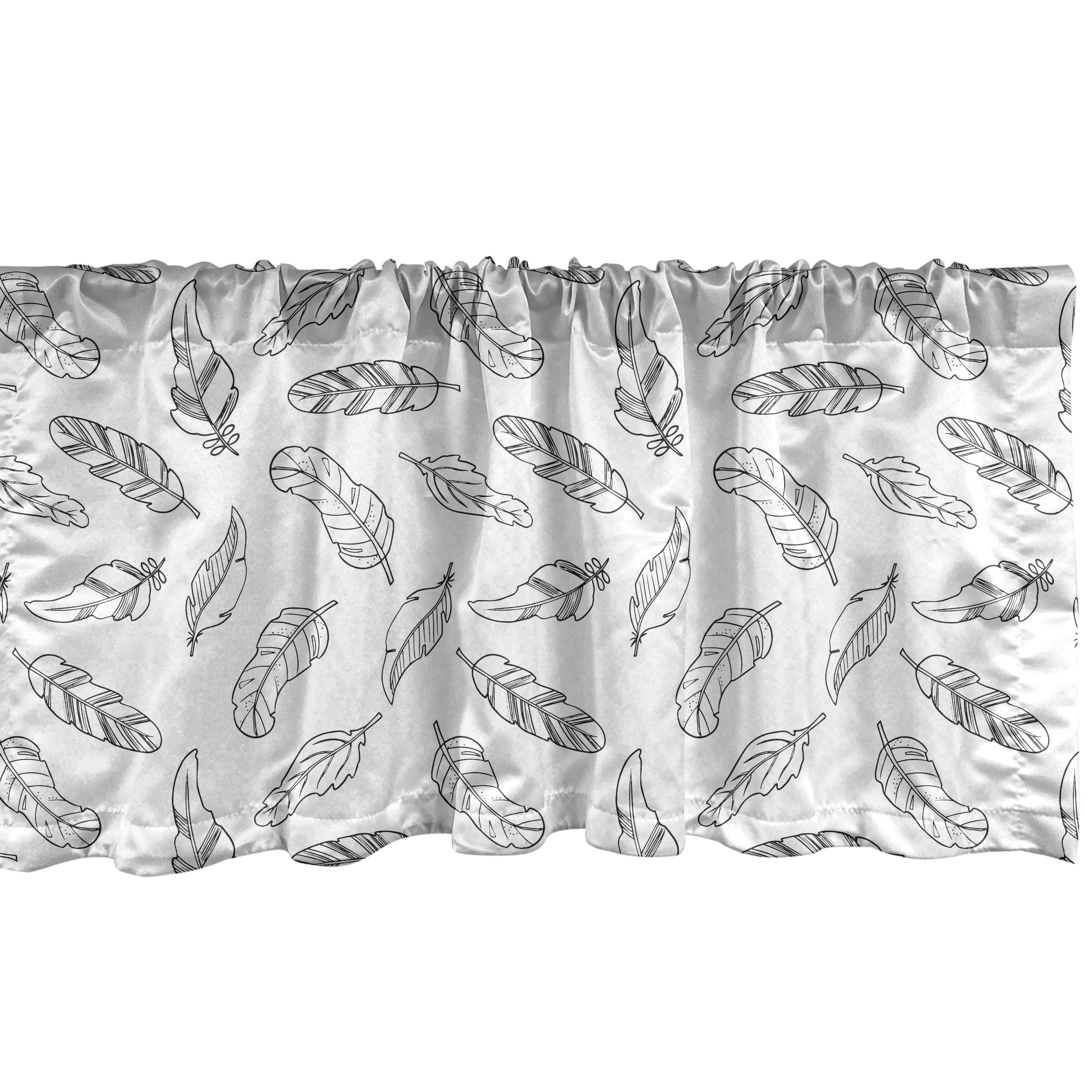 Charcoal Grey and White Feather Print Rod Pocket Valance Set