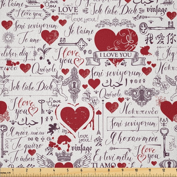 Ambesonne Vintage Valentine Fabric by the Yard Microfiber, I Love You Lingo, 5 Yards, Vermilion Plum Off White