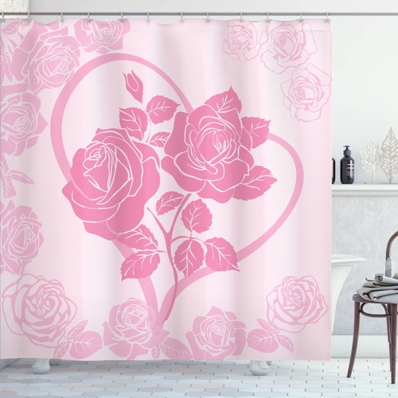Ambesonne Vintage Valentine Shower Curtain, Roses in Heart, 69"Wx70"L, Pink Pale Pink