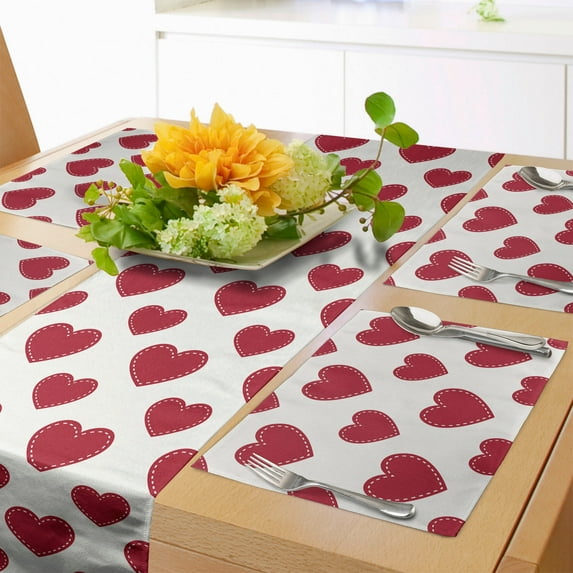 Ambesonne Vintage Valentine Table Runner & Placemats, Classic Hearts, Placemat 4 pcs + Runner 14"x90", Vermilion Off White