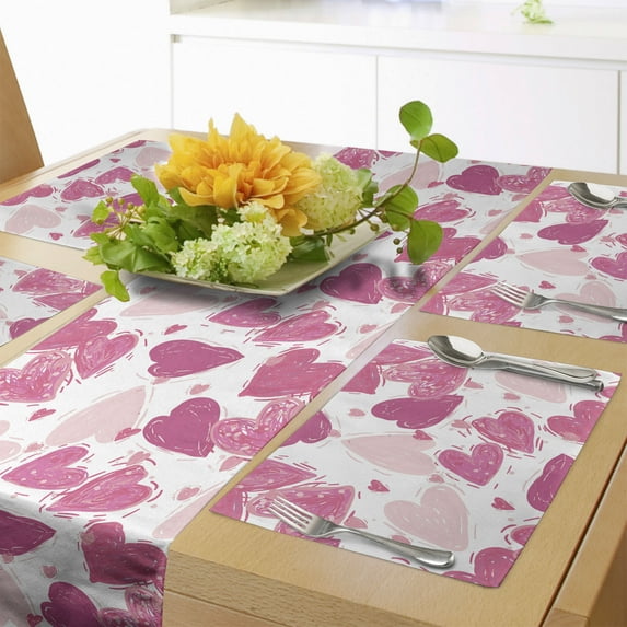 Ambesonne Vintage Valentine Table Runner & Placemats, Hand Paint Hearts, Placemat 4 pcs + Runner 12"x90", Pink and Rose