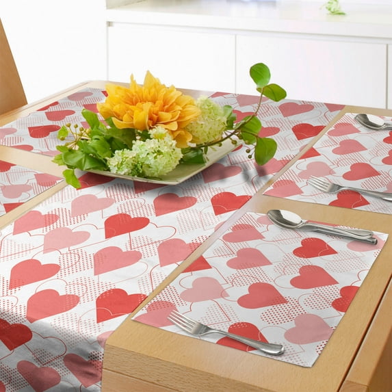 Ambesonne Vintage Valentine Table Runner & Placemats, Love Arty Hearts, Placemat 4 pcs + Runner 14"x72", Coral Blush