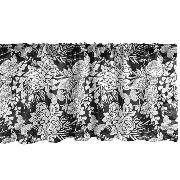 Ambesonne Vintage Window Valance, Flora Rose Insect, 54" X 18", Charcoal Grey White