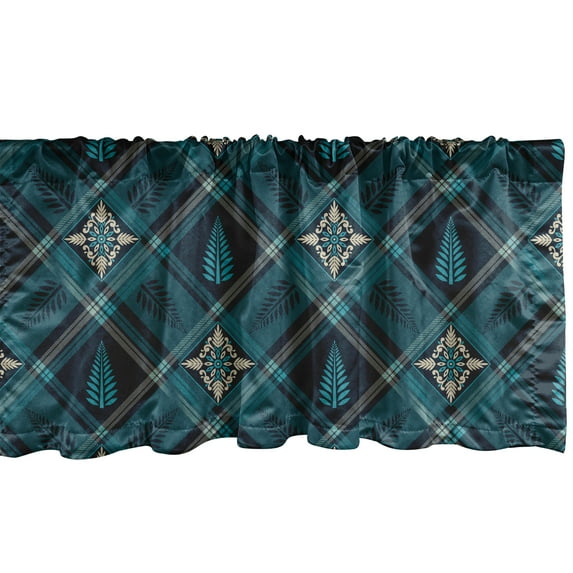 Ambesonne Vintage Window Valance, Floral and Checkered, 54" X 12", Sea Blue and Grey Yellow