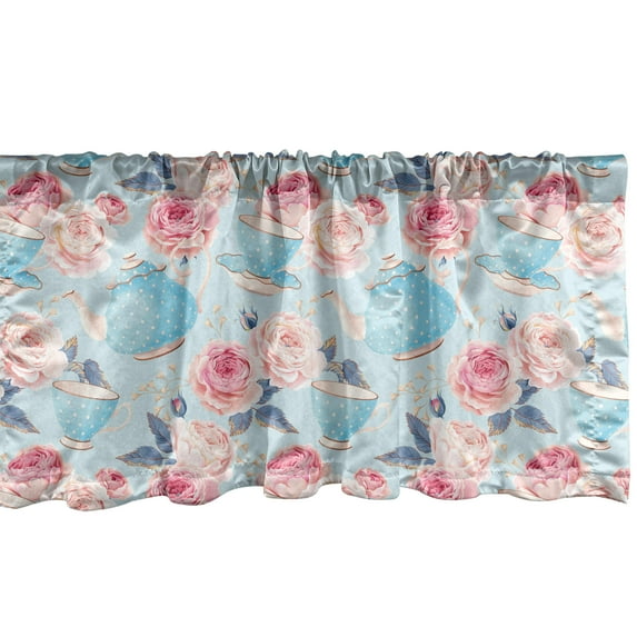 Ambesonne Vintage Window Valance, Flowers Roses Teapot, 54" X 18", Pale Blue Pale Pink