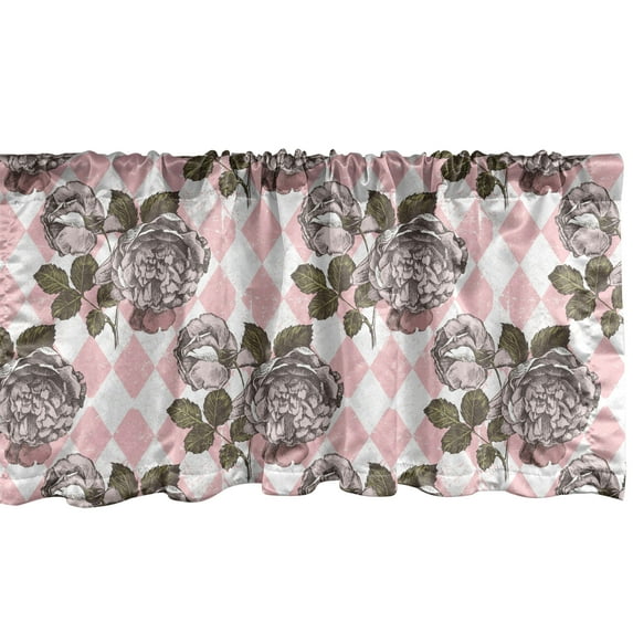 Ambesonne Vintage Window Valance, Grunge Engraved Peonies, 54" X 18", Pale Pink and White