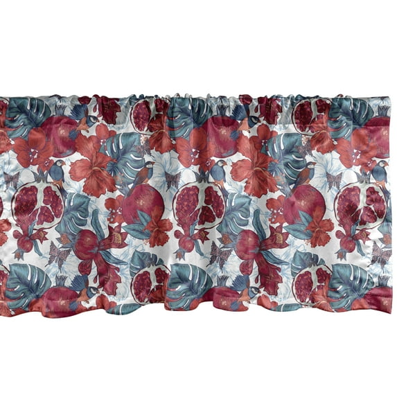 Ambesonne Vintage Window Valance, Pomegranate Fruit Hibiscus Flower Monstera Leaves Birds and Butterflies, Curtain Valance for Kitchen Bedroom Decor with Rod Pocket, 54" X 12", Blue Vermilion Maroon