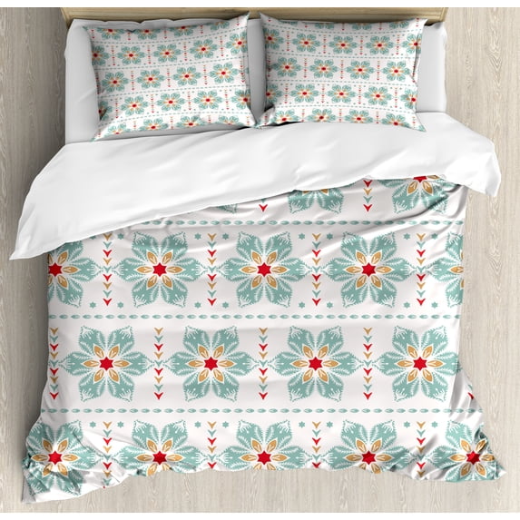 Ambesonne Vintage Winter Duvet Cover Set, Noel Vibe Poinsettia, 2-Calking, Pale Teal Red Sand Brown