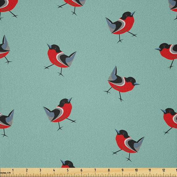 Ambesonne Vintage Winter Fabric by the Yard Microfiber, Bullfinch Birds Xmas, 2 Yards, Pale Teal and Vermilion