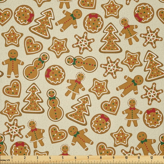 Ambesonne Vintage Winter Fabric by the Yard Microfiber, Gingerbread Xmas, 2 Yards, Eggshell and Amber