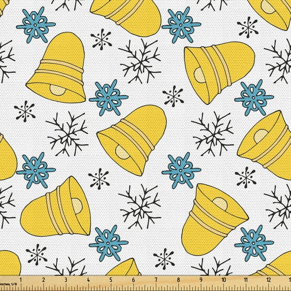 Ambesonne Vintage Winter Fabric by the Yard Upholstery, Bells and Snowflakes, 3 Yards, Sky Blue and Yellow