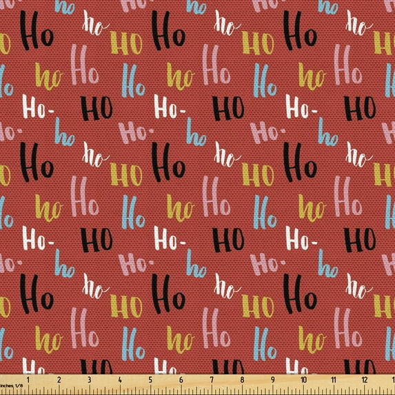 Ambesonne Vintage Winter Fabric by the Yard Upholstery, Ho Ho Ho Santa Words, 5 Yards, Pale Ruby Multicolor