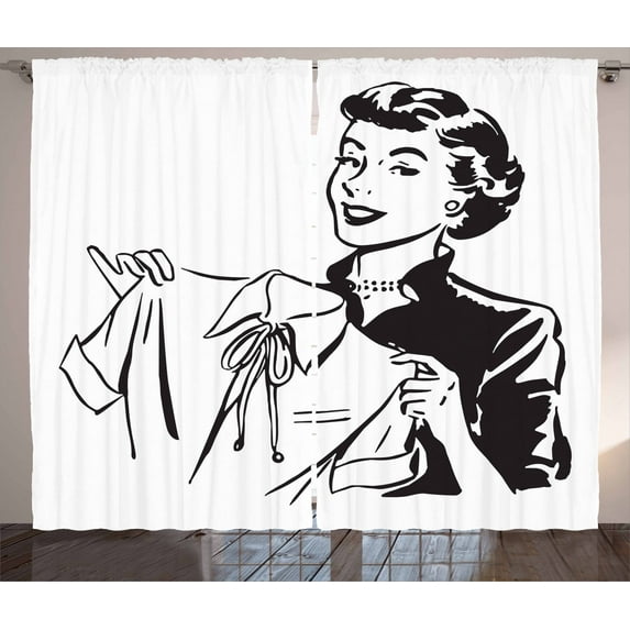 Ambesonne Vintage Woman Curtains 2 Panel Set, Lady with Blouse, 108" x 108", Black and White