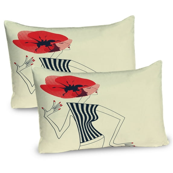 Ambesonne Vintage Woman Pillow Sham 2 Pack, Doodle Girl Poppy, 26"x20", Vermilion Dark Blue