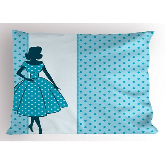 Ambesonne Vintage Woman Pillow Sham, Polka Dot Dress, 36" X 20", Pale Blue Teal White