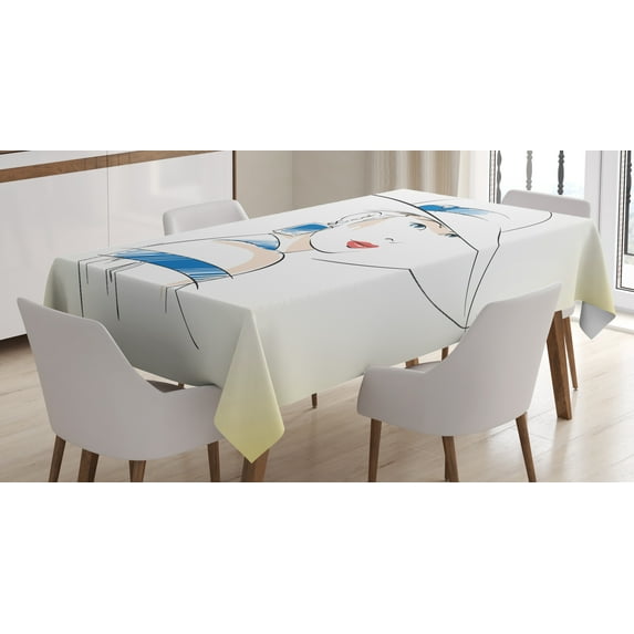 Ambesonne Vintage Woman Tablecloth Rectangular Table Cover, Fashion Sketch, 60"x84", Ivory Blue Coral